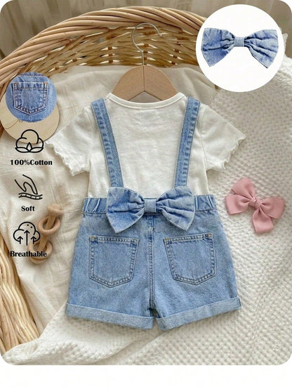 Baby GirlLoose Fit Denim Overalls With 3D Bow Decor At Back Waist,Summer Outfits,Casual And Fashionable Vacation Outfits,Street Wear,2000s Style,Comfortable And Soft Denim,Comfortable And Soft