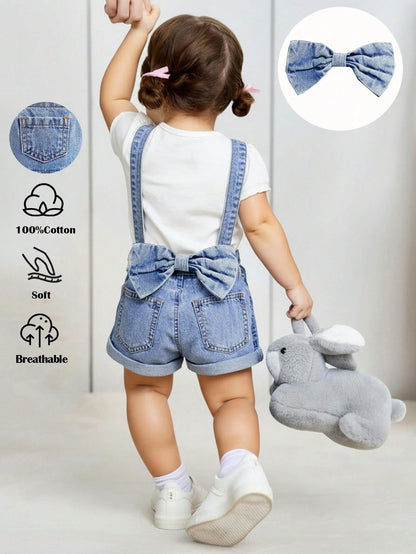 Baby GirlLoose Fit Denim Overalls With 3D Bow Decor At Back Waist,Summer Outfits,Casual And Fashionable Vacation Outfits,Street Wear,2000s Style,Comfortable And Soft Denim,Comfortable And Soft
