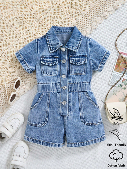 Baby Girls' Denim Jumpsuit,Lightweight Blue Summer Casual Vacation Streetwear,Collared Short Sleeve Single-Breasted Elastic Waist Cotton Romper