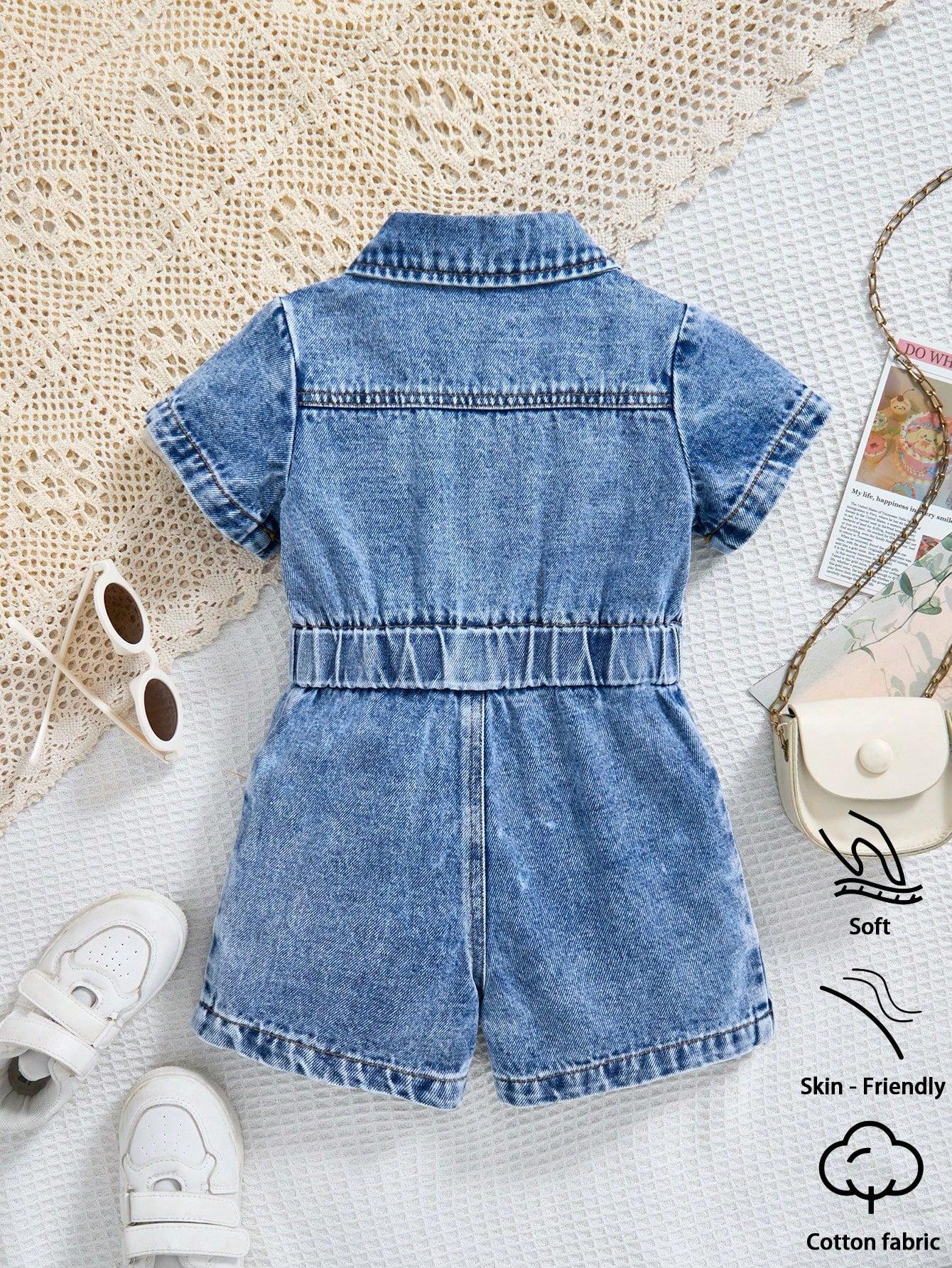Baby Girls' Denim Jumpsuit,Lightweight Blue Summer Casual Vacation Streetwear,Collared Short Sleeve Single-Breasted Elastic Waist Cotton Romper