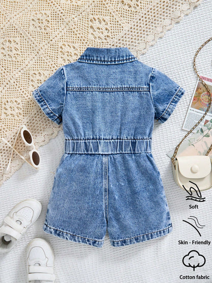 Baby Girls' Denim Jumpsuit,Lightweight Blue Summer Casual Vacation Streetwear,Collared Short Sleeve Single-Breasted Elastic Waist Cotton Romper