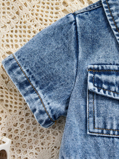 Baby Girls' Denim Jumpsuit,Lightweight Blue Summer Casual Vacation Streetwear,Collared Short Sleeve Single-Breasted Elastic Waist Cotton Romper