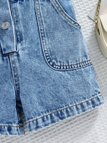 Baby Girls' Denim Jumpsuit,Lightweight Blue Summer Casual Vacation Streetwear,Collared Short Sleeve Single-Breasted Elastic Waist Cotton Romper