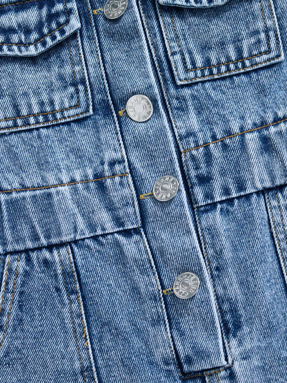 Baby Girls' Denim Jumpsuit,Lightweight Blue Summer Casual Vacation Streetwear,Collared Short Sleeve Single-Breasted Elastic Waist Cotton Romper