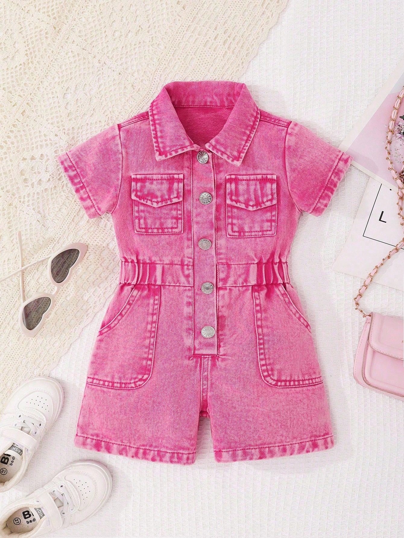 Baby Girls' Denim Jumpsuit,Lightweight Blue Summer Casual Vacation Streetwear,Collared Short Sleeve Single-Breasted Elastic Waist Cotton Romper