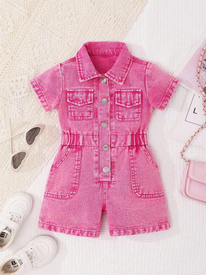 Baby Girls' Denim Jumpsuit,Lightweight Blue Summer Casual Vacation Streetwear,Collared Short Sleeve Single-Breasted Elastic Waist Cotton Romper