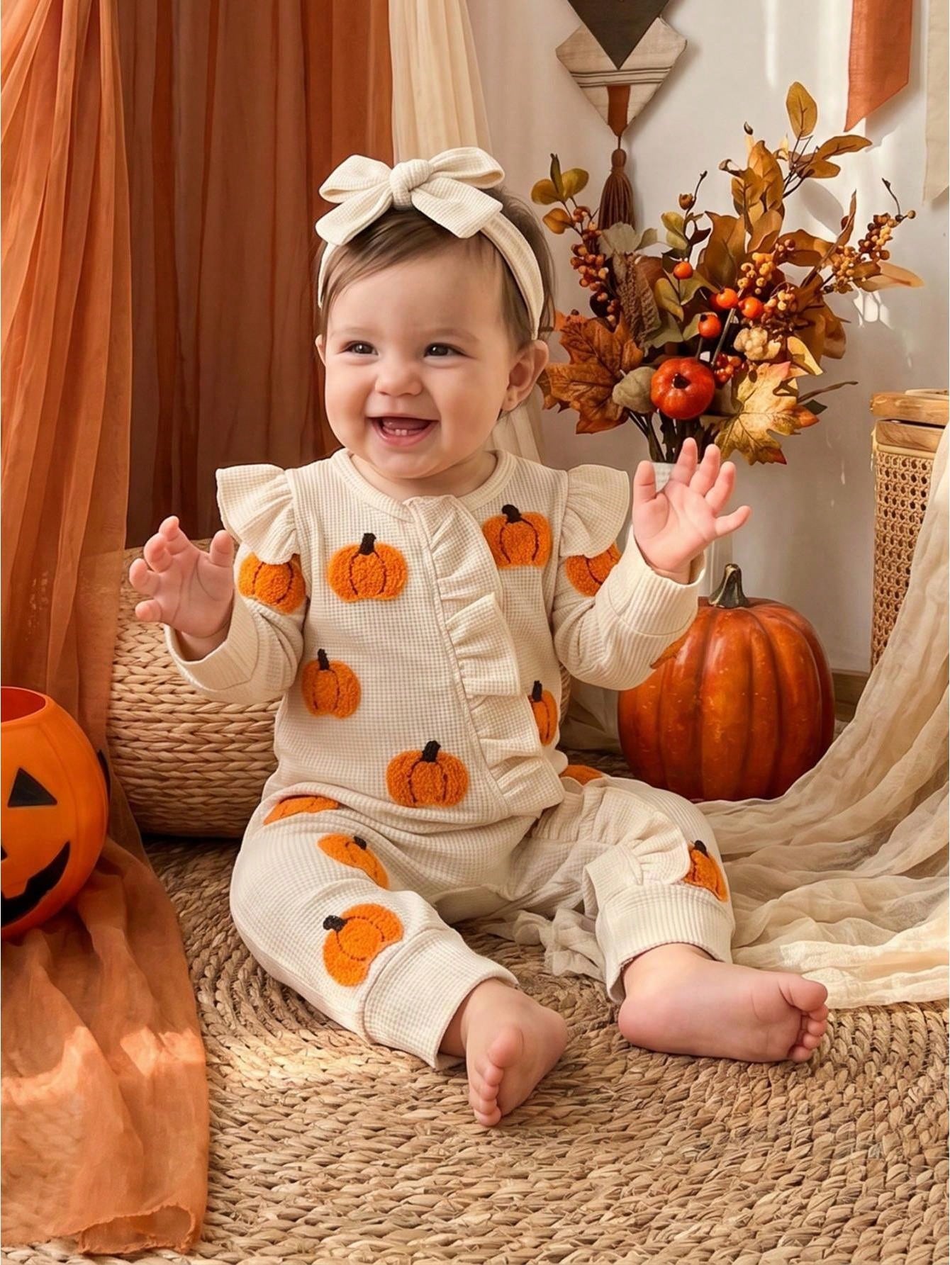 Baby Girls Halloween Romper Pumpkin/Ghost Embroidery Ruffled Zipper Fall Jumpsuits And Cute Headband Set