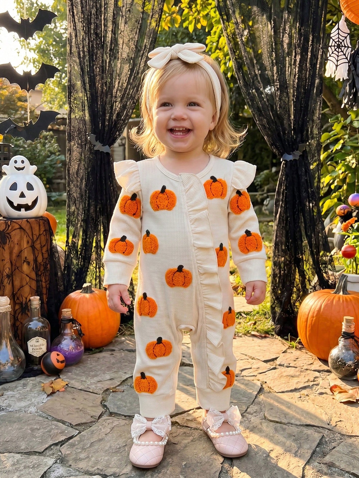 Baby Girls Halloween Romper Pumpkin/Ghost Embroidery Ruffled Zipper Fall Jumpsuits And Cute Headband Set