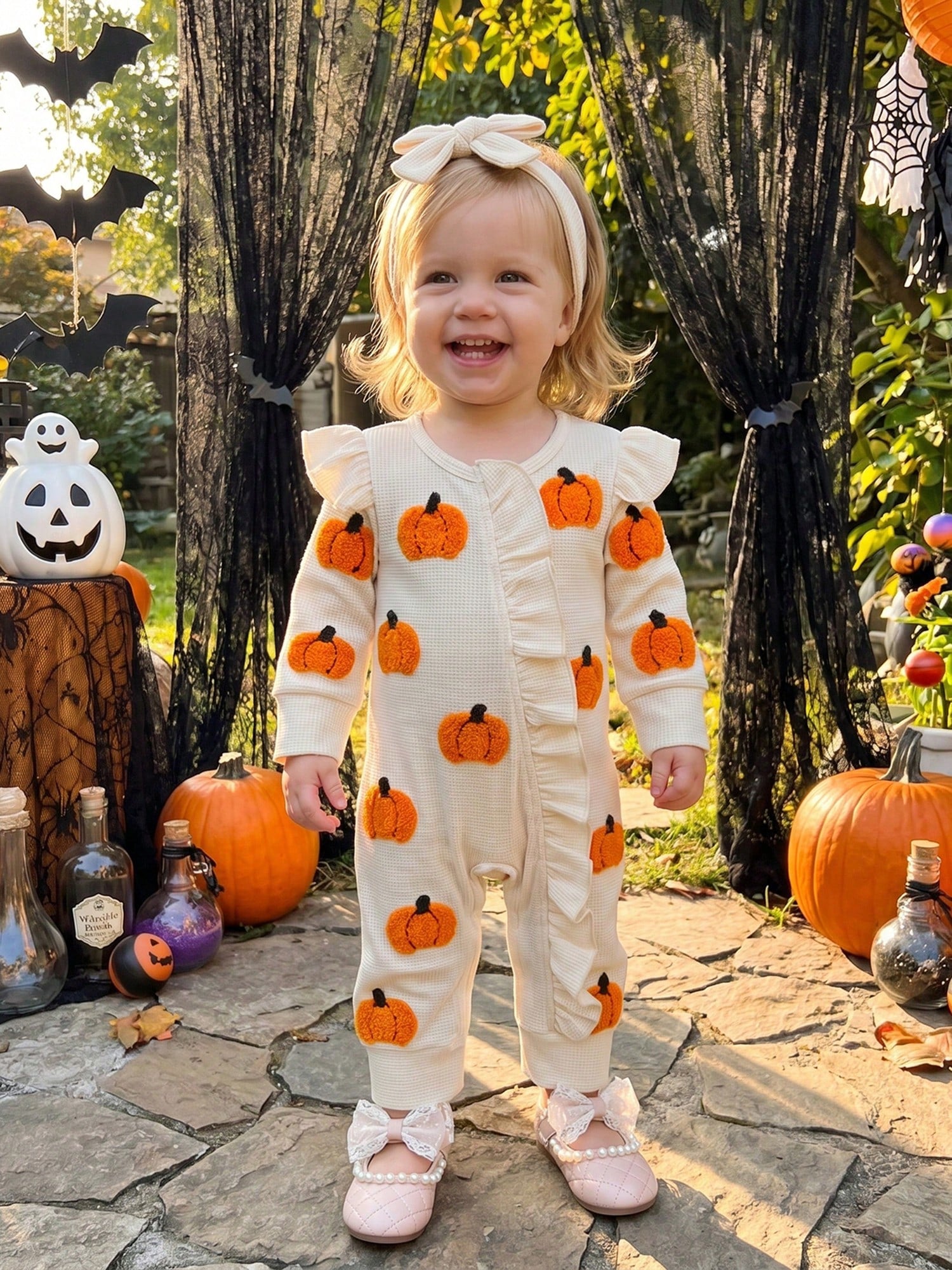 Baby Girls Halloween Romper Pumpkin/Ghost Embroidery Ruffled Zipper Fall Jumpsuits And Cute Headband Set
