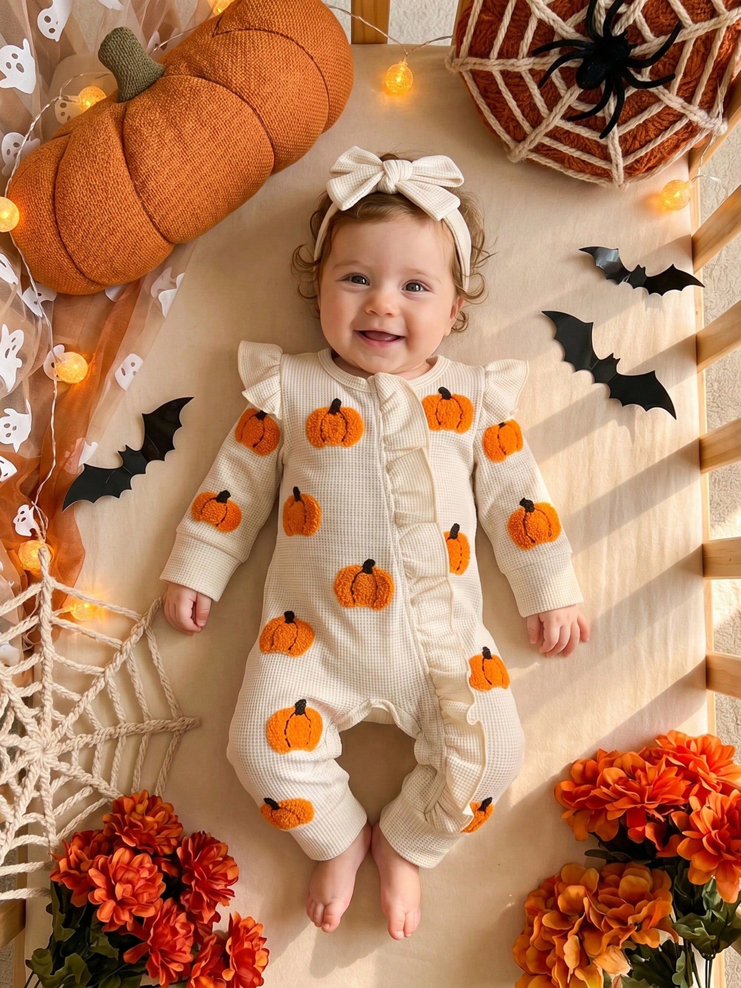 Baby Girls Halloween Romper Pumpkin/Ghost Embroidery Ruffled Zipper Fall Jumpsuits And Cute Headband Set