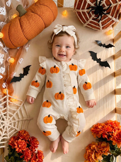 Baby Girls Halloween Romper Pumpkin/Ghost Embroidery Ruffled Zipper Fall Jumpsuits And Cute Headband Set