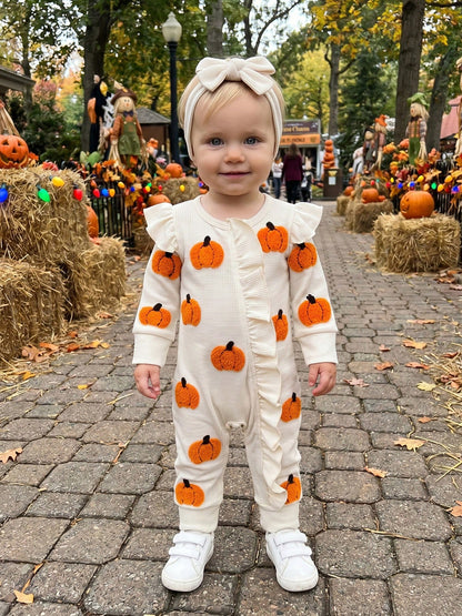 Baby Girls Halloween Romper Pumpkin/Ghost Embroidery Ruffled Zipper Fall Jumpsuits And Cute Headband Set