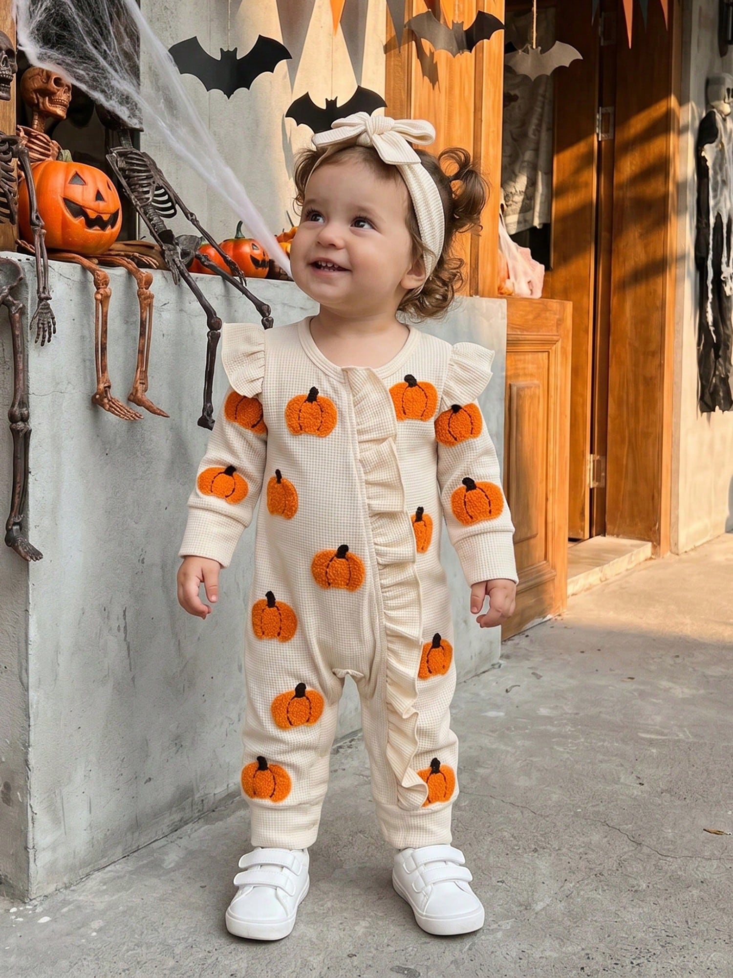 Baby Girls Halloween Romper Pumpkin/Ghost Embroidery Ruffled Zipper Fall Jumpsuits And Cute Headband Set