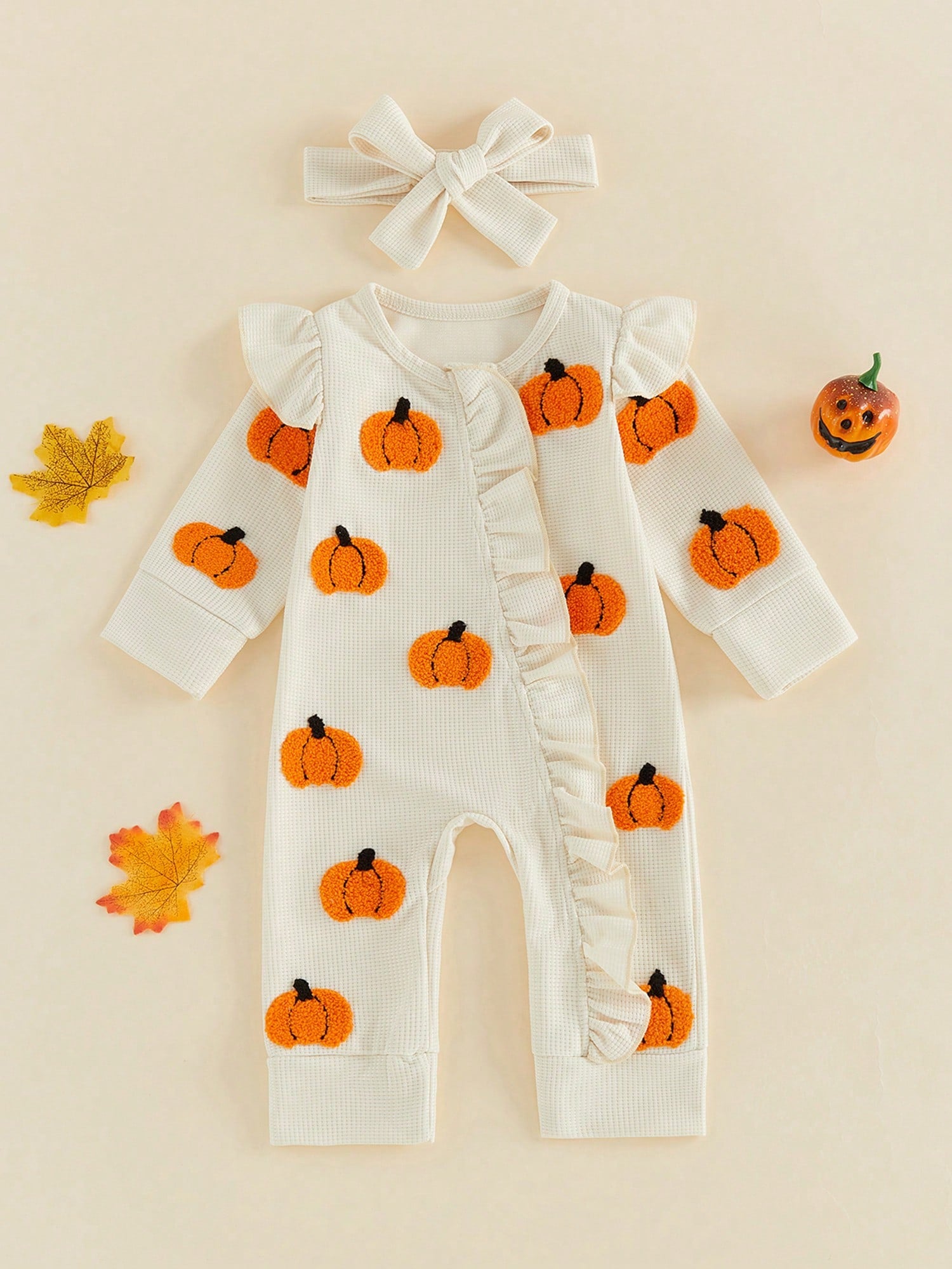 Baby Girls Halloween Romper Pumpkin/Ghost Embroidery Ruffled Zipper Fall Jumpsuits And Cute Headband Set