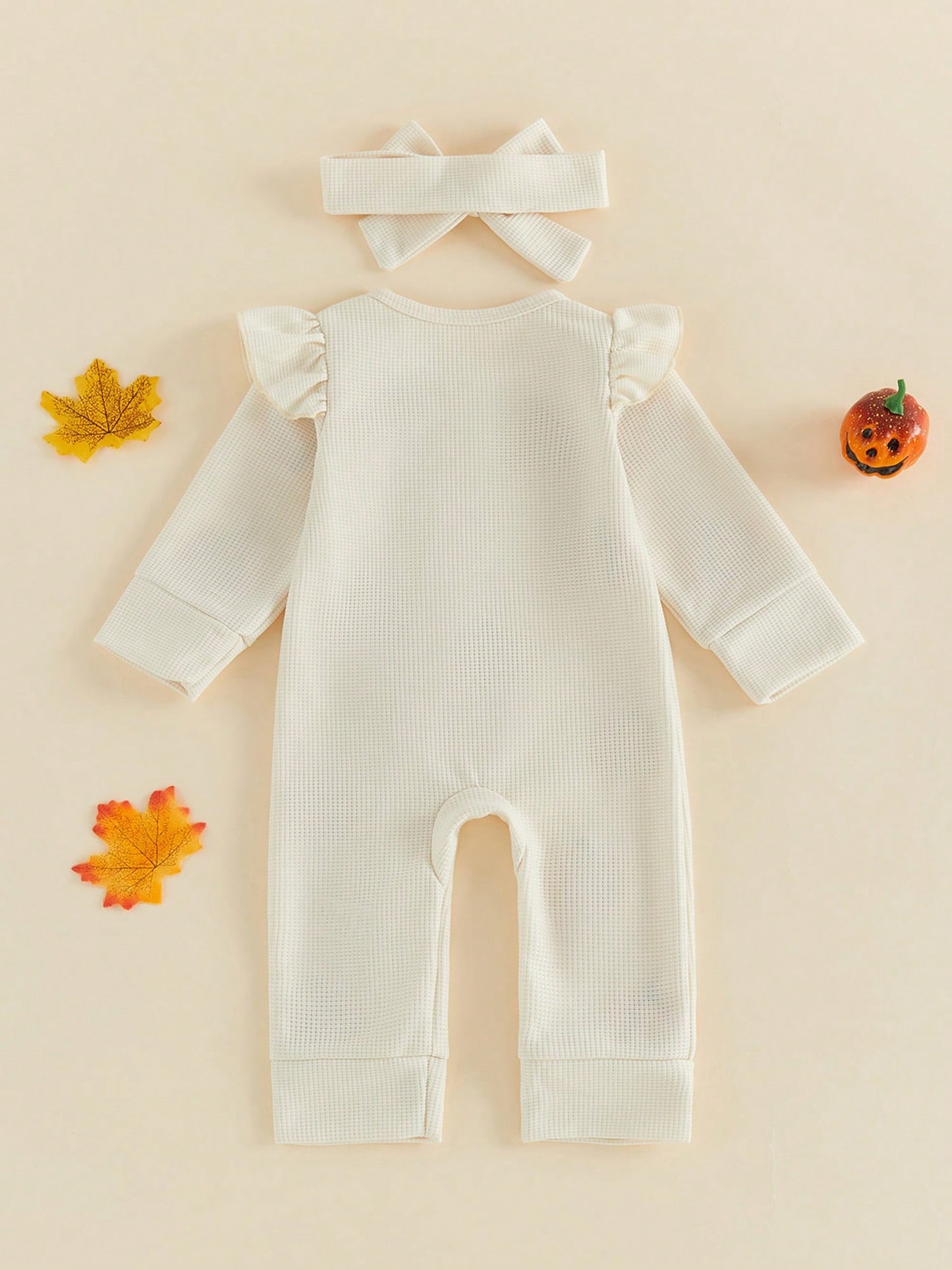 Baby Girls Halloween Romper Pumpkin/Ghost Embroidery Ruffled Zipper Fall Jumpsuits And Cute Headband Set