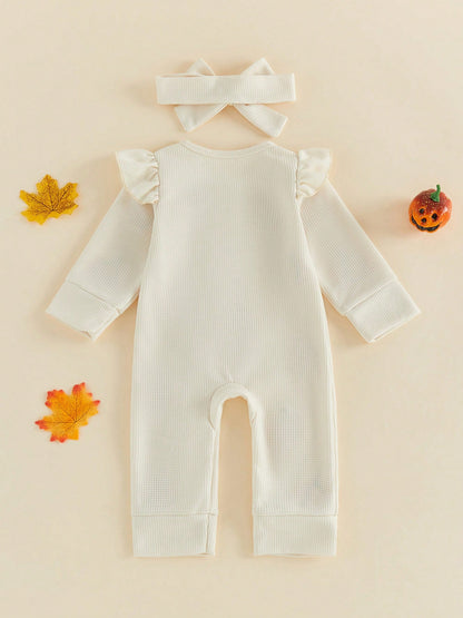 Baby Girls Halloween Romper Pumpkin/Ghost Embroidery Ruffled Zipper Fall Jumpsuits And Cute Headband Set