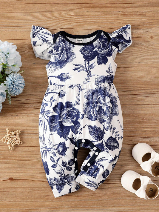 Baby Girls' Round Neck Floral Printed Jumpsuit With Flutter Sleeves, Vacation Style, Spring And Summer