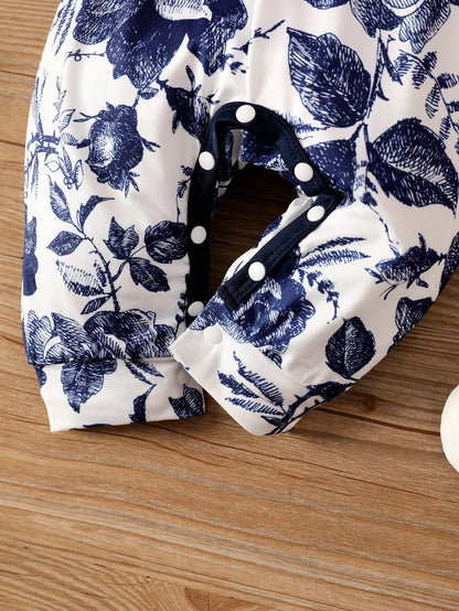 Baby Girls' Round Neck Floral Printed Jumpsuit With Flutter Sleeves, Vacation Style, Spring And Summer