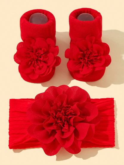 Baby Girls' Soft Nylon Princess Flower Decor Headband 1pc + Anti-Slip Floor Socks 1 Pair Love Valentine