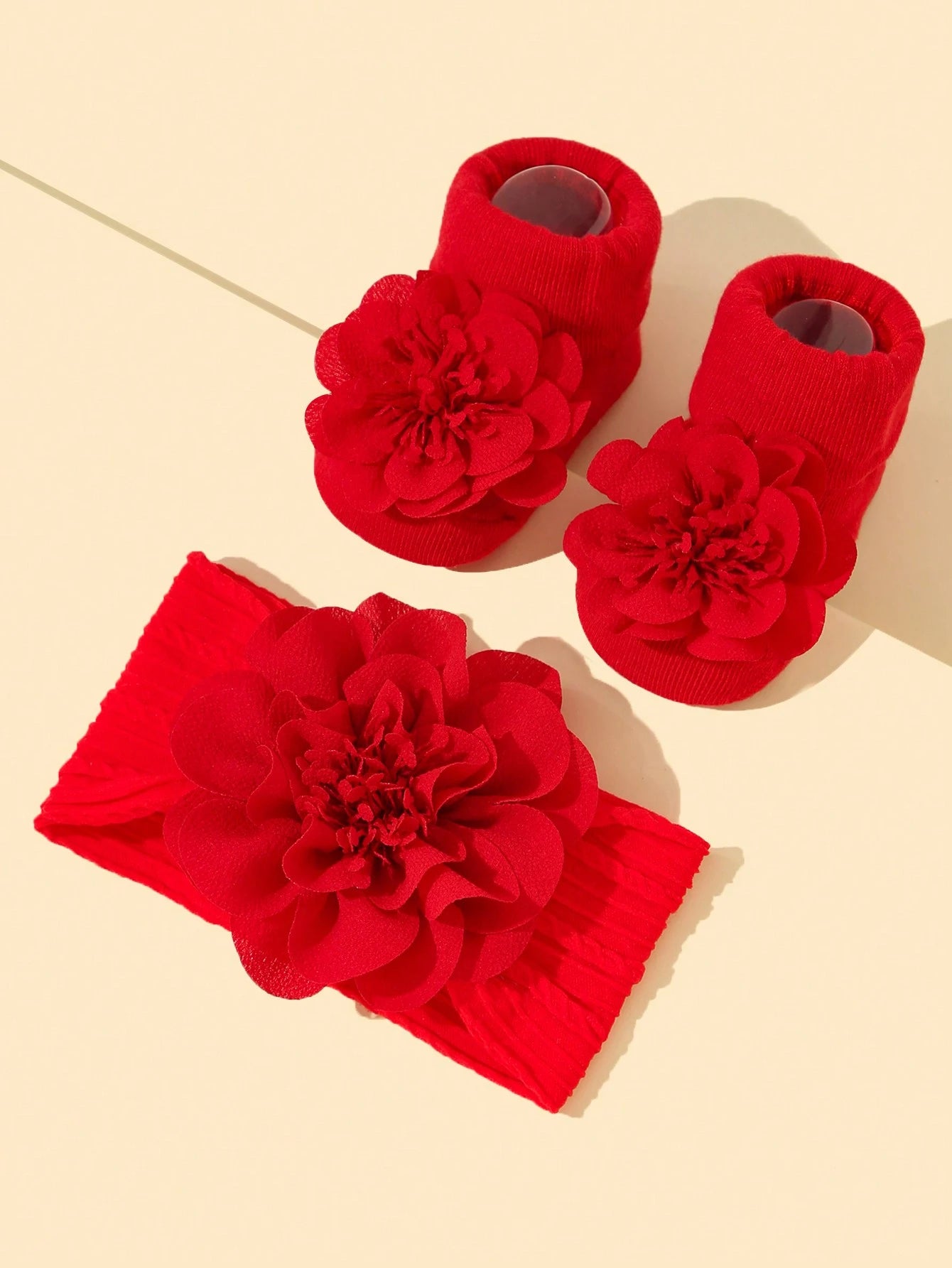 Baby Girls' Soft Nylon Princess Flower Decor Headband 1pc + Anti-Slip Floor Socks 1 Pair Love Valentine