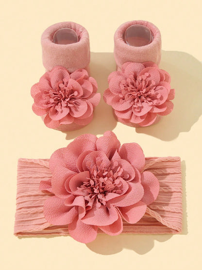 Baby Girls' Soft Nylon Princess Flower Decor Headband 1pc + Anti-Slip Floor Socks 1 Pair Love Valentine