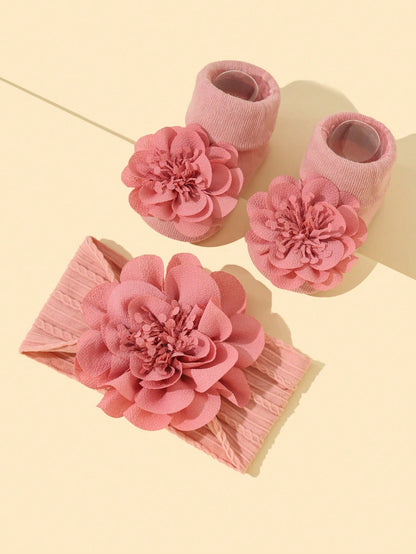 Baby Girls' Soft Nylon Princess Flower Decor Headband 1pc + Anti-Slip Floor Socks 1 Pair Love Valentine