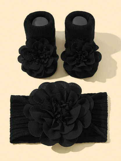 Baby Girls' Soft Nylon Princess Flower Decor Headband 1pc + Anti-Slip Floor Socks 1 Pair Love Valentine