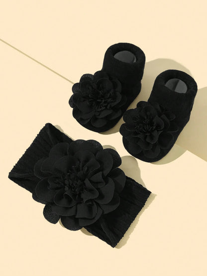 Baby Girls' Soft Nylon Princess Flower Decor Headband 1pc + Anti-Slip Floor Socks 1 Pair Love Valentine