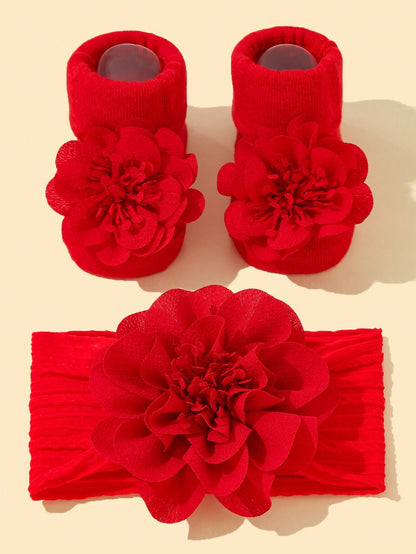 Baby Girls' Soft Nylon Princess Flower Decor Headband 1pc + Anti-Slip Floor Socks 1 Pair Love Valentine