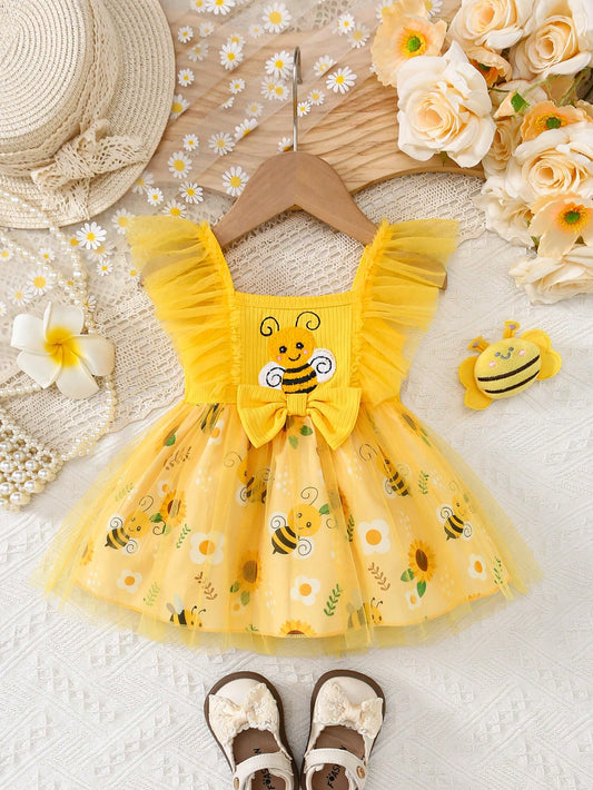 Baby Girls' Summer Cute Cartoon Boat Neck 3D Bee Applique Sunflower Fluffy Mesh Dress