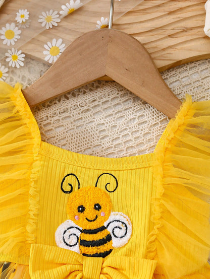 Baby Girls' Summer Cute Cartoon Boat Neck 3D Bee Applique Sunflower Fluffy Mesh Dress