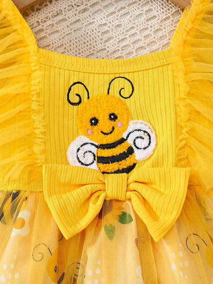 Baby Girls' Summer Cute Cartoon Boat Neck 3D Bee Applique Sunflower Fluffy Mesh Dress