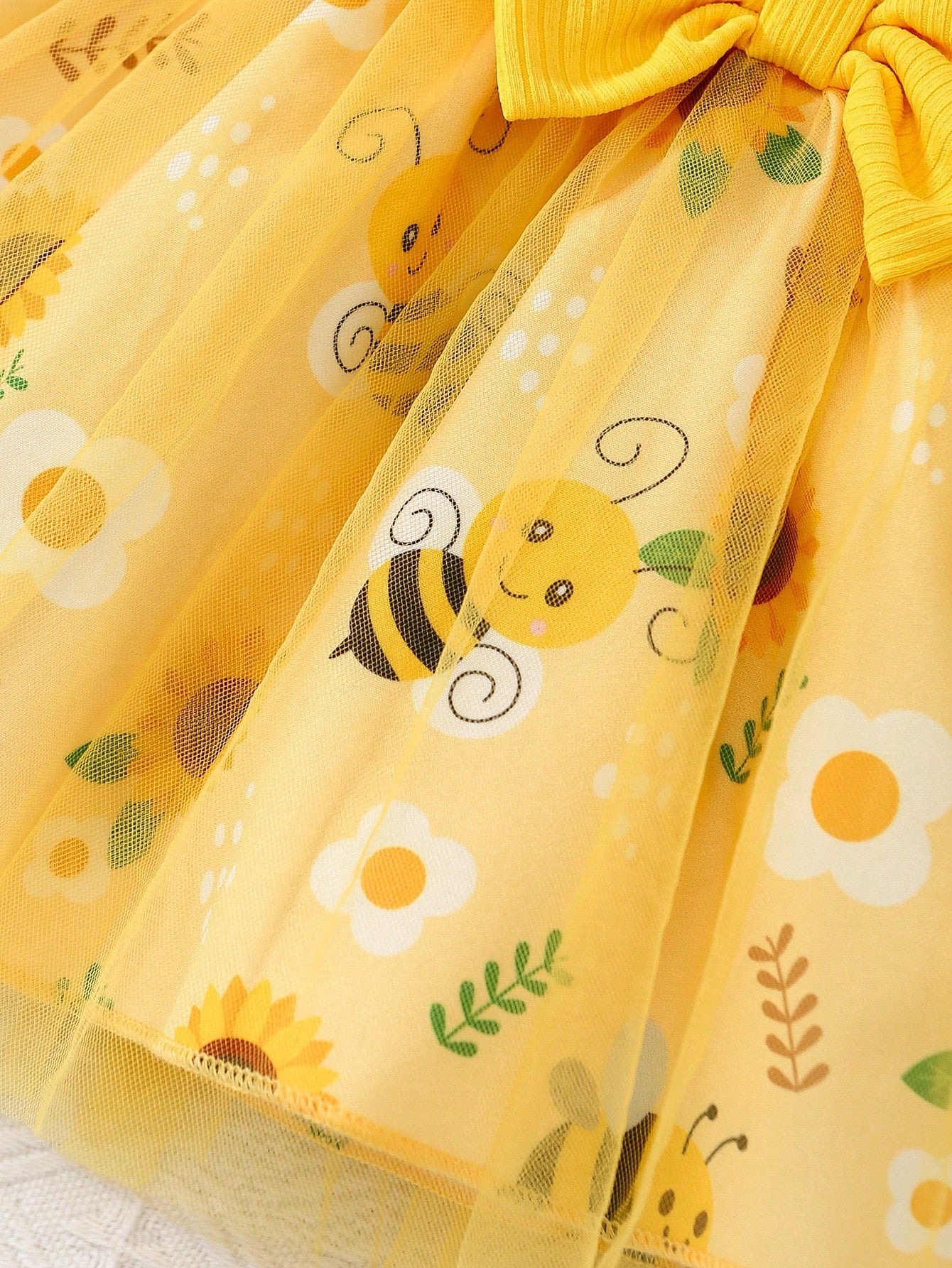 Baby Girls' Summer Cute Cartoon Boat Neck 3D Bee Applique Sunflower Fluffy Mesh Dress