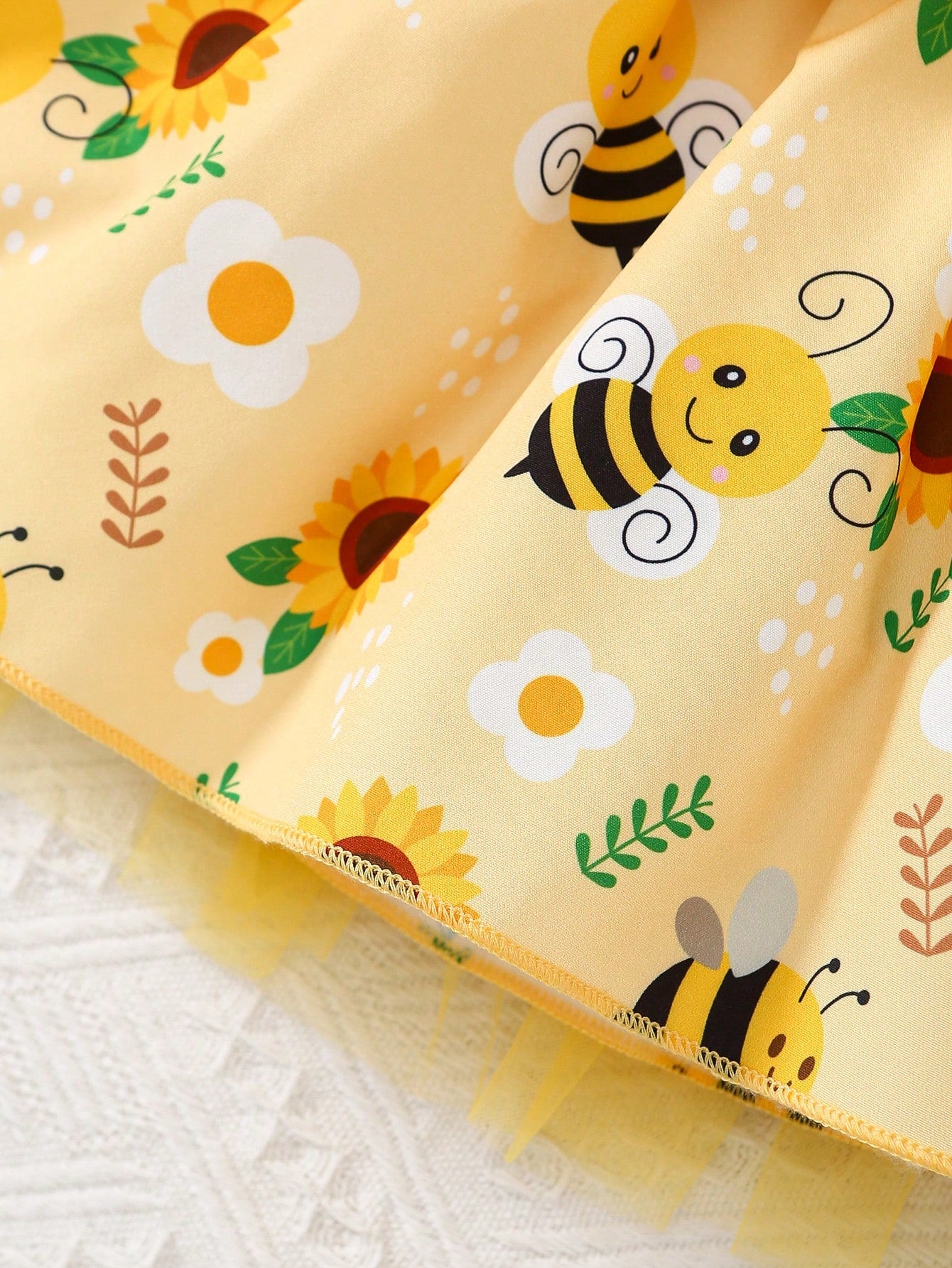 Baby Girls' Summer Cute Cartoon Boat Neck 3D Bee Applique Sunflower Fluffy Mesh Dress