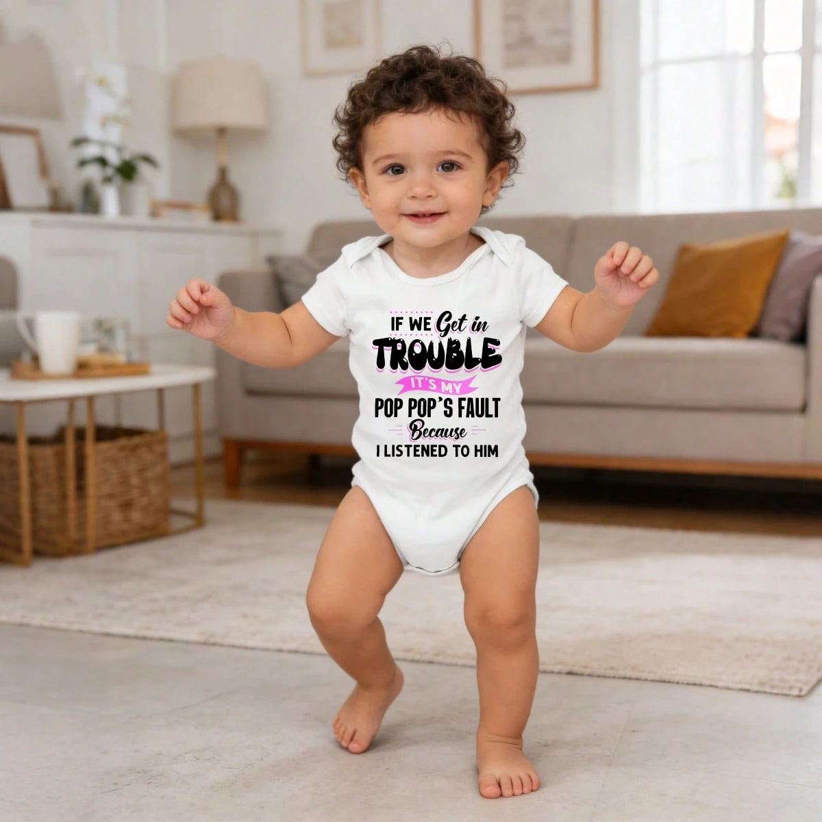 Baby Infants All-Match Short Sleeve Bodysuit If We Get In Trouble It's My Pop Pop's Fault Because I Listened To Him Print Crew Neck Romper Ultra-Soft Cotton Versatile Matching Fashionable Design