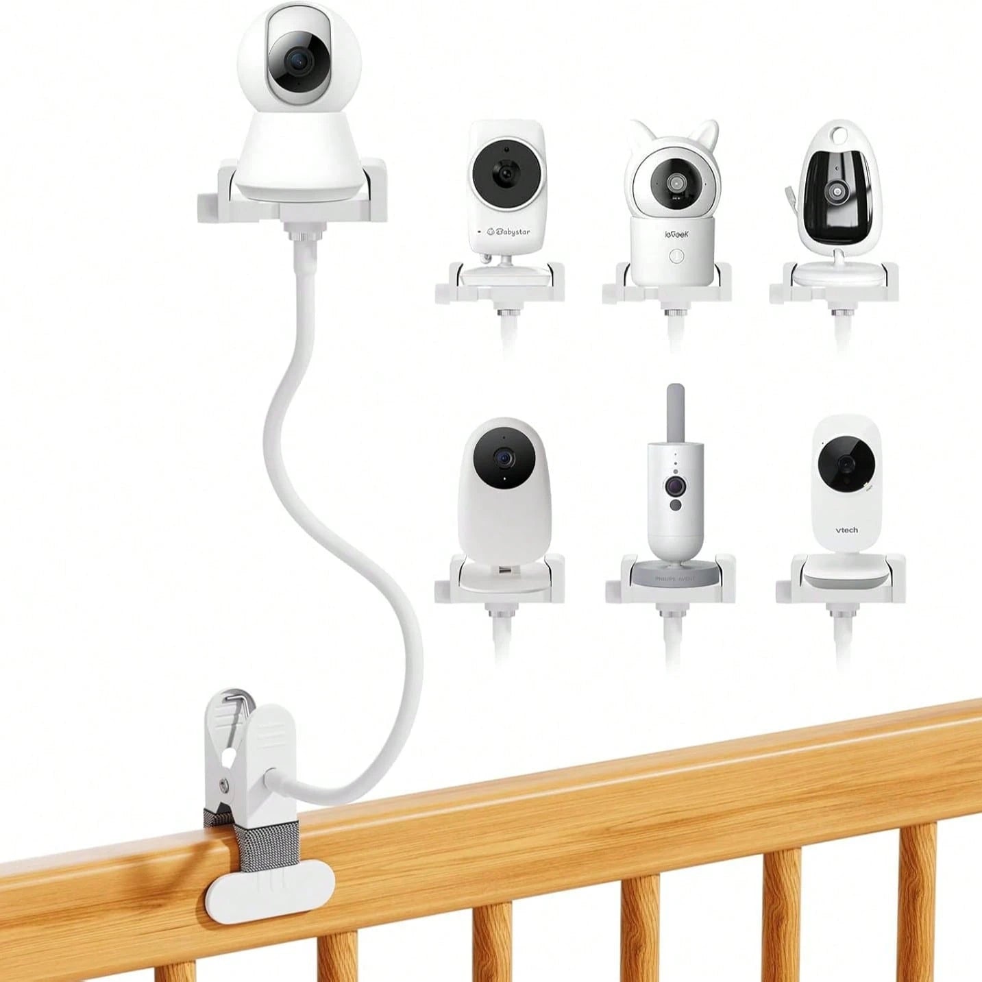 Baby Monitor Clip Mount Flexible Gooseneck Baby Crib Camera Holder Universal 1/4" Screw Hole Bracket For Nursery Security Camera Bed Rail Mount