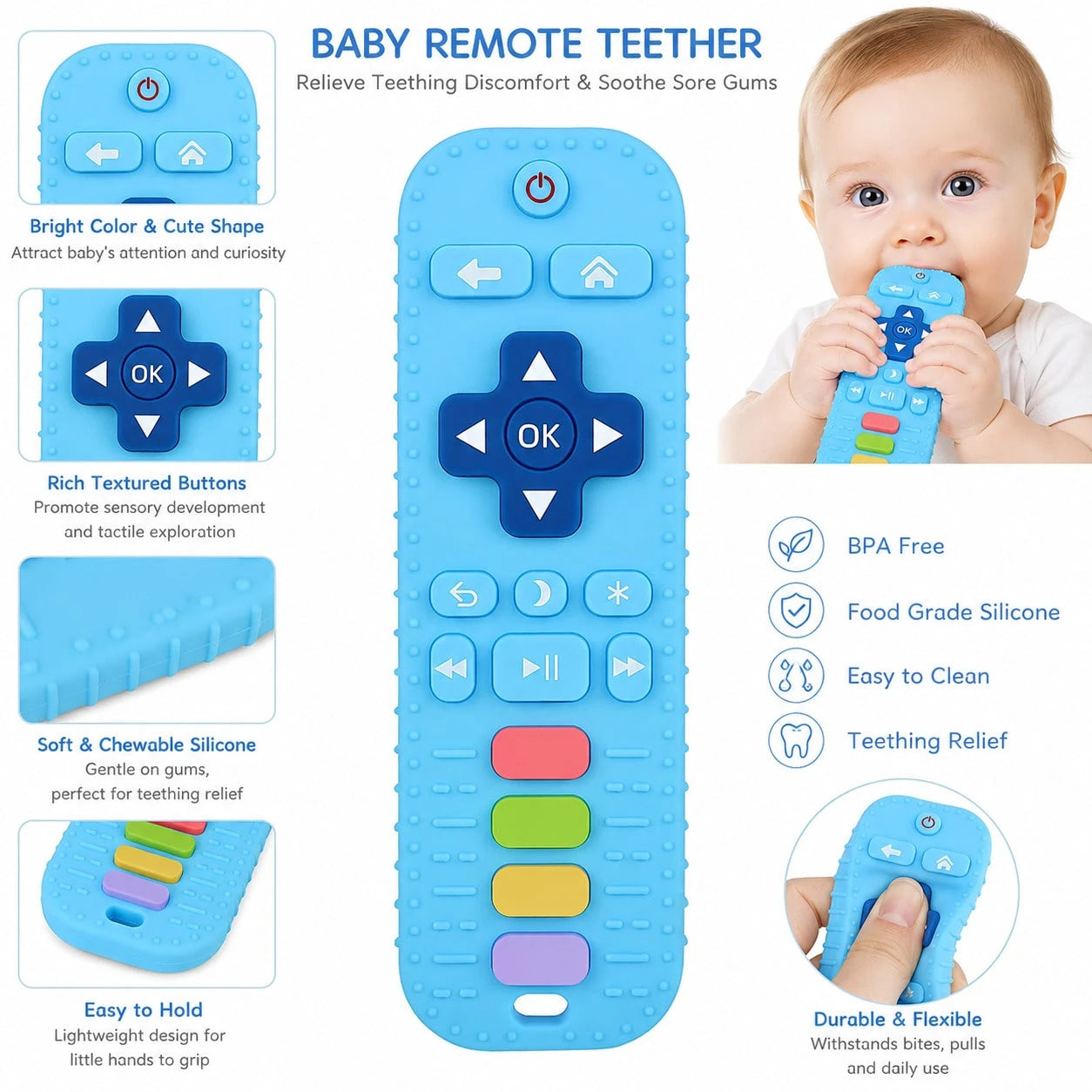 Baby Silicone Teether For 0+ Months Babies, Remote Control Shape Teething Toy, Soft Chew Toy For Gum Relief, Sensory, Grasp Training & Bath Play