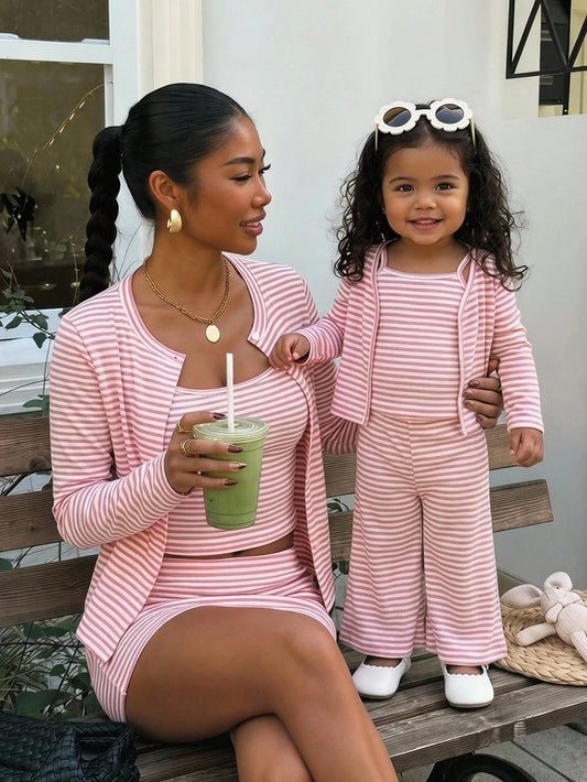Babygirl Cute Pink & White Striped Top, Camisole & Pants 3-Piece Set