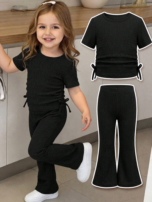 Babygirl Cute Summer Casual Comfortable Solid Color Bow Short Sleeve T-Shirt & Elastic Waist Pants Set