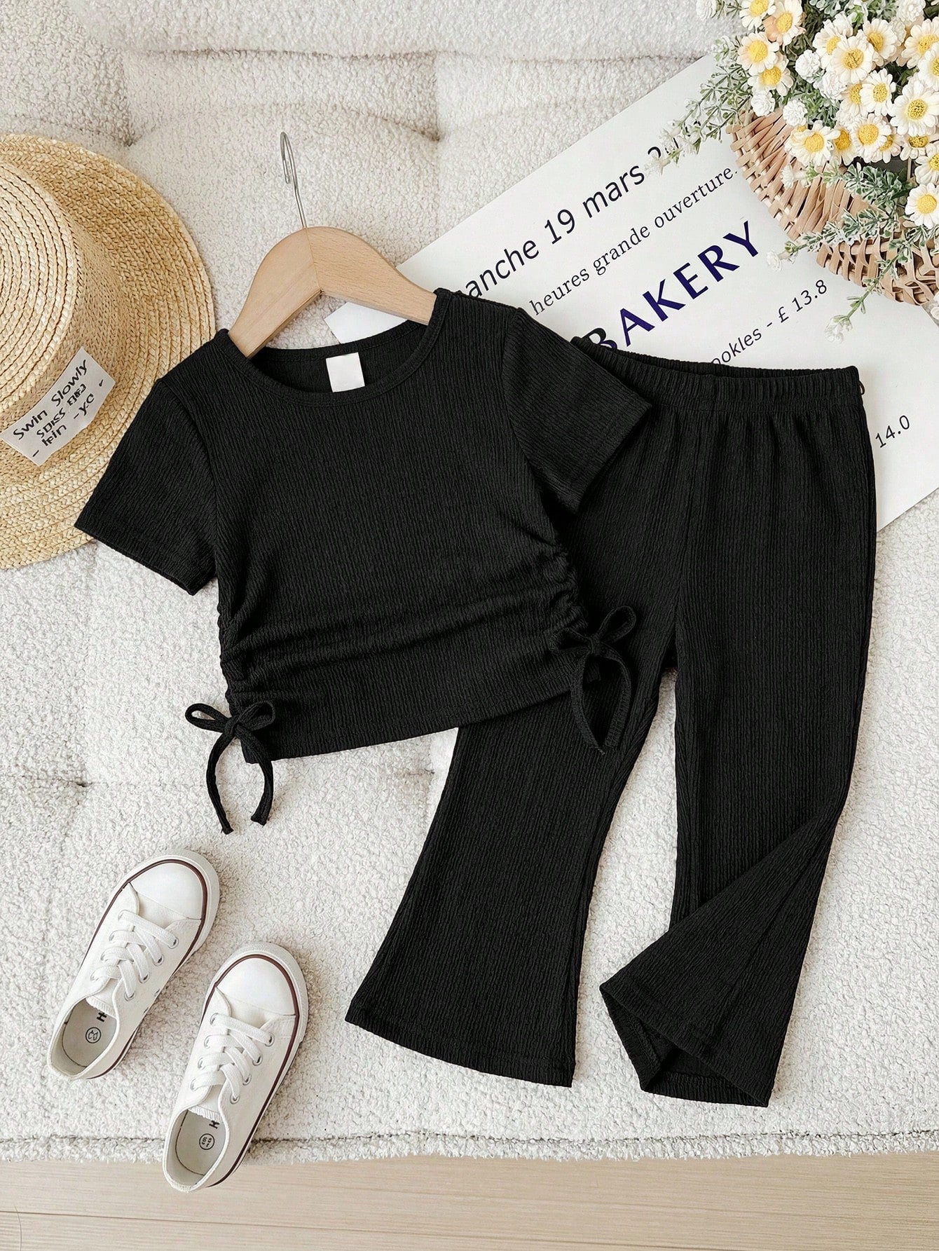 Babygirl Cute Summer Casual Comfortable Solid Color Bow Short Sleeve T-Shirt & Elastic Waist Pants Set