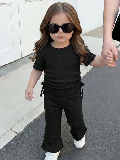 Babygirl Cute Summer Casual Comfortable Solid Color Bow Short Sleeve T-Shirt & Elastic Waist Pants Set