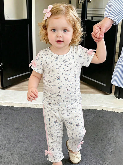 Babygirl Cute Summer Casual Comfortable Solid Color Bow Short Sleeve T-Shirt & Elastic Waist Pants Set