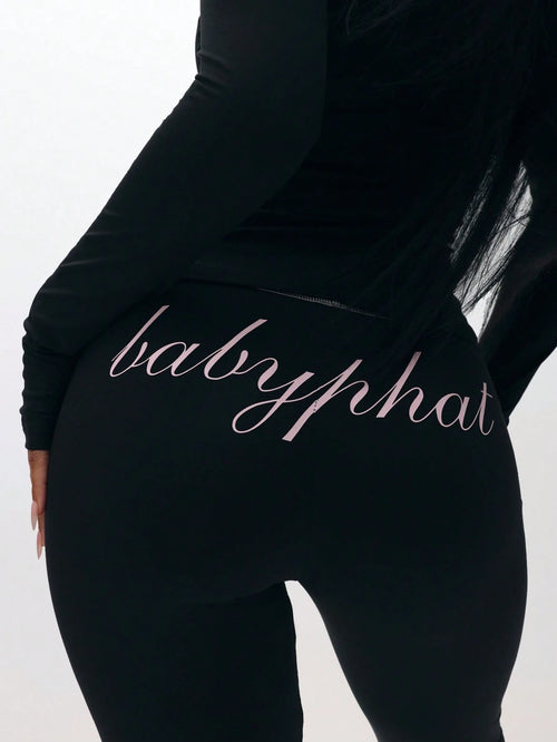 BABYPHAT Pull On Flare Leggings With Embroidered Script And Zipper Detail For Casual Everyday Wear