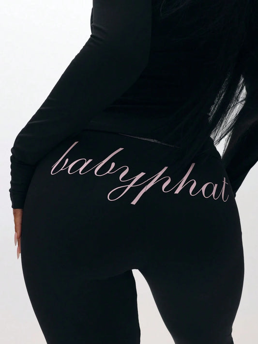 BABYPHAT Pull On Flare Leggings With Embroidered Script And Zipper Detail For Casual Everyday Wear