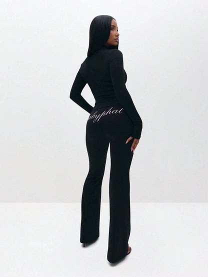 BABYPHAT Pull On Flare Leggings With Embroidered Script And Zipper Detail For Casual Everyday Wear