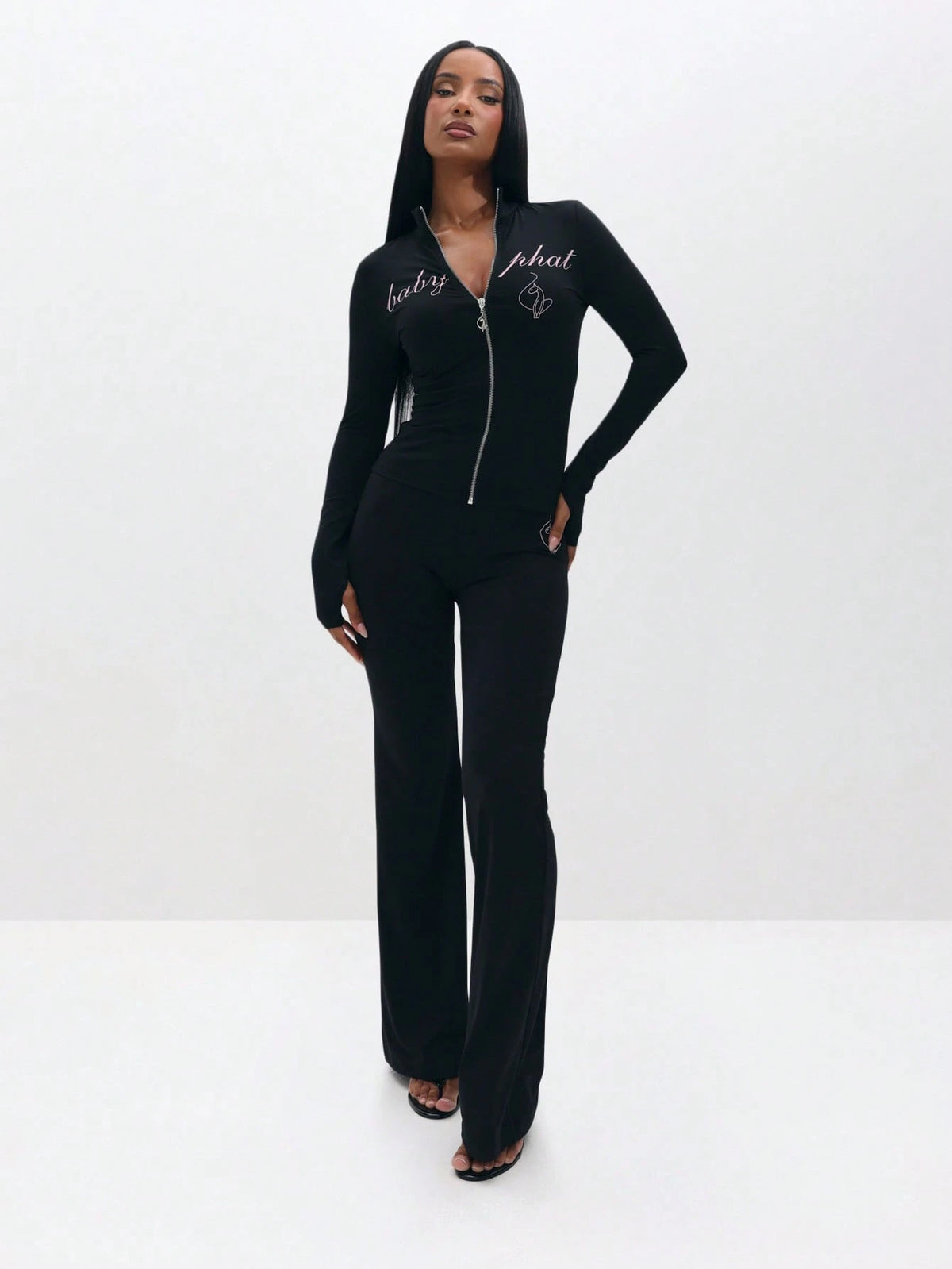 BABYPHAT Pull On Flare Leggings With Embroidered Script And Zipper Detail For Casual Everyday Wear