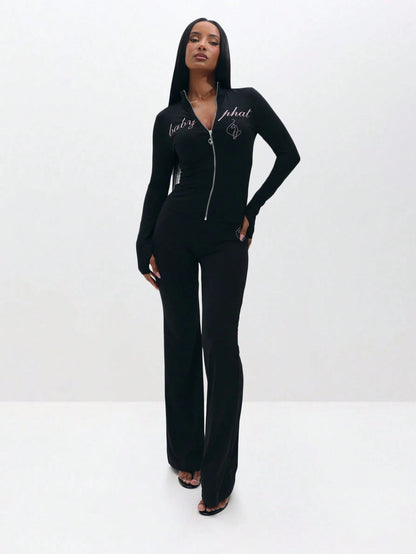 BABYPHAT Pull On Flare Leggings With Embroidered Script And Zipper Detail For Casual Everyday Wear