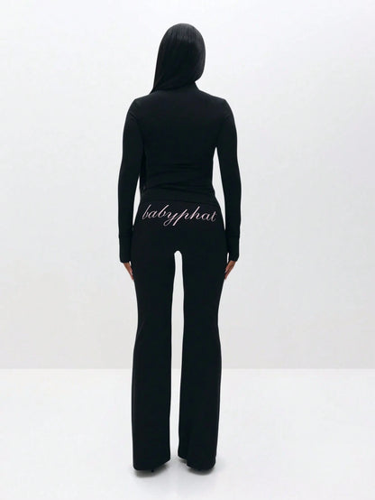 BABYPHAT Pull On Flare Leggings With Embroidered Script And Zipper Detail For Casual Everyday Wear