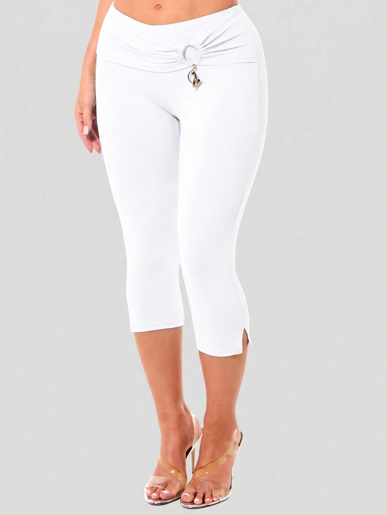 BABYPHAT Women's Solid Color Waist Pleated Side Slit Casual 7/8 Length Leggings