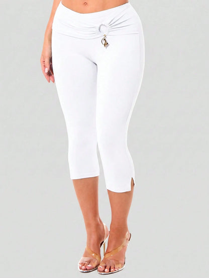 BABYPHAT Women's Solid Color Waist Pleated Side Slit Casual 7/8 Length Leggings